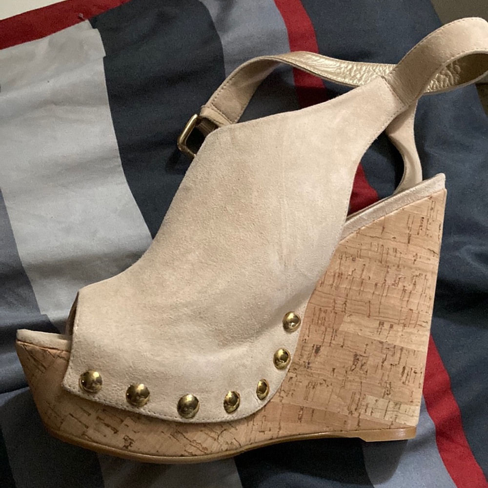Size 8  Stuart Weizman, made in Spain. Suede wedge shoe,